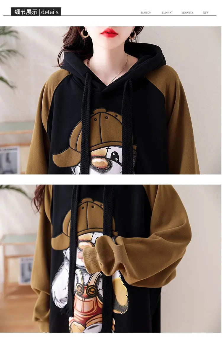 Winter Women Clothing Oversized Cartoon Fleece Dress New Hooded Drawstring Thicken Warm Female Casual Midi Long Sleeve Dresses