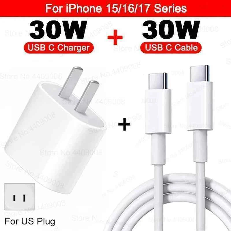 For Apple 30W Charger USB Type C Fast Charger For iPhone 13 15 17 14 12 11 16 Pro Max Plus PD Charger Charging Cable Accessories