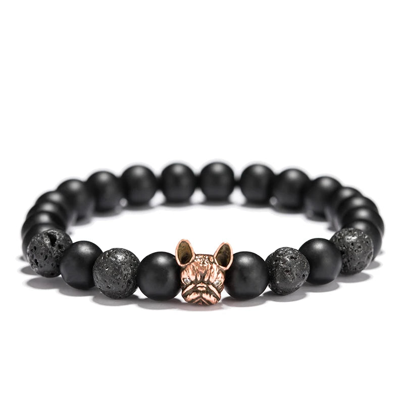 New French Bulldog Bracelet For Men 8mm Natural Lava Tiger Eyes Stone Braclet Beaded Vintage Braslet Homme Camping Accessories