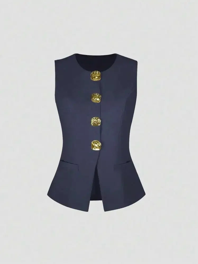 Fashionable Little Fragrance Style Women's Sleeveless round Neck Vest Waist-Cinching Pure Color Cross-Border Women's Jacket