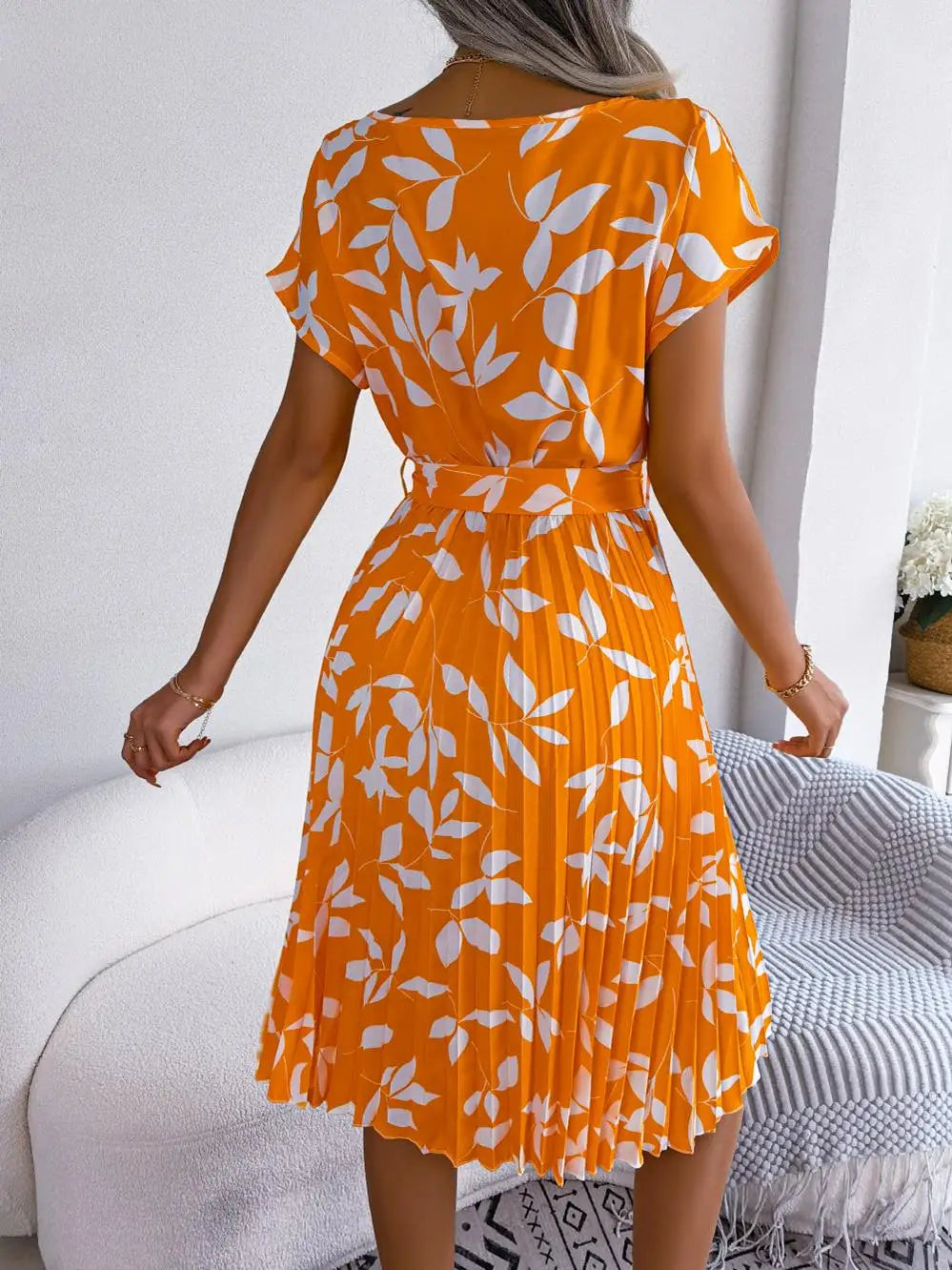 Ficusrong Fashion Floral Pleated A Line Long Dress Women Spring Summer Short Sleeve High Waist Chic Dress