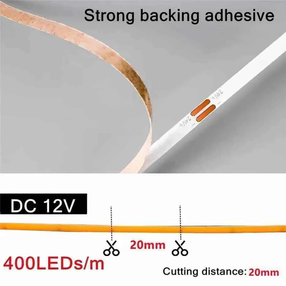 3mm Ultra Thin 12V Colorful COB LED Strip Dimmable 3000K 4000K 6000K High Density Flexible Light 400LEDs For DIY Home Decor Lamp