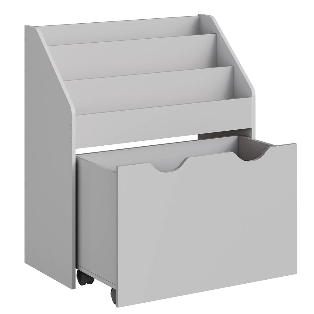 SONGMICS Kids Bookshelf and Toy Organiser, Toy Storage Chest and Bookcase with 3 Shelves, Storage Box with Wheels, Multipurpose