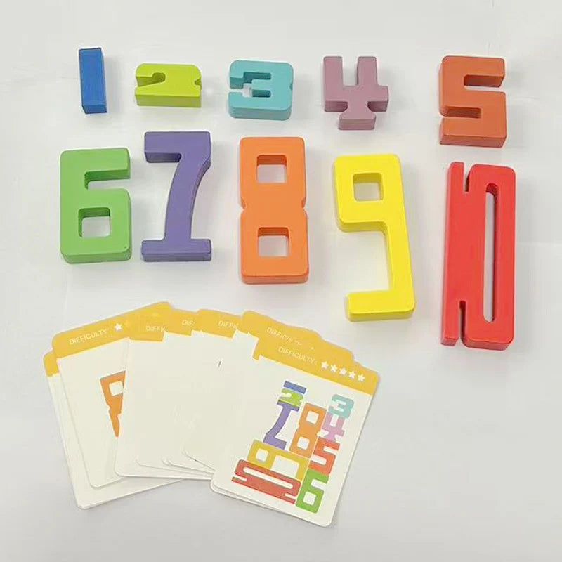 Wooden Digital Building Blocks, Number Stacking Blocks, 15pcs Double-Sided Cards, Children's Educational Toy For Math Learning