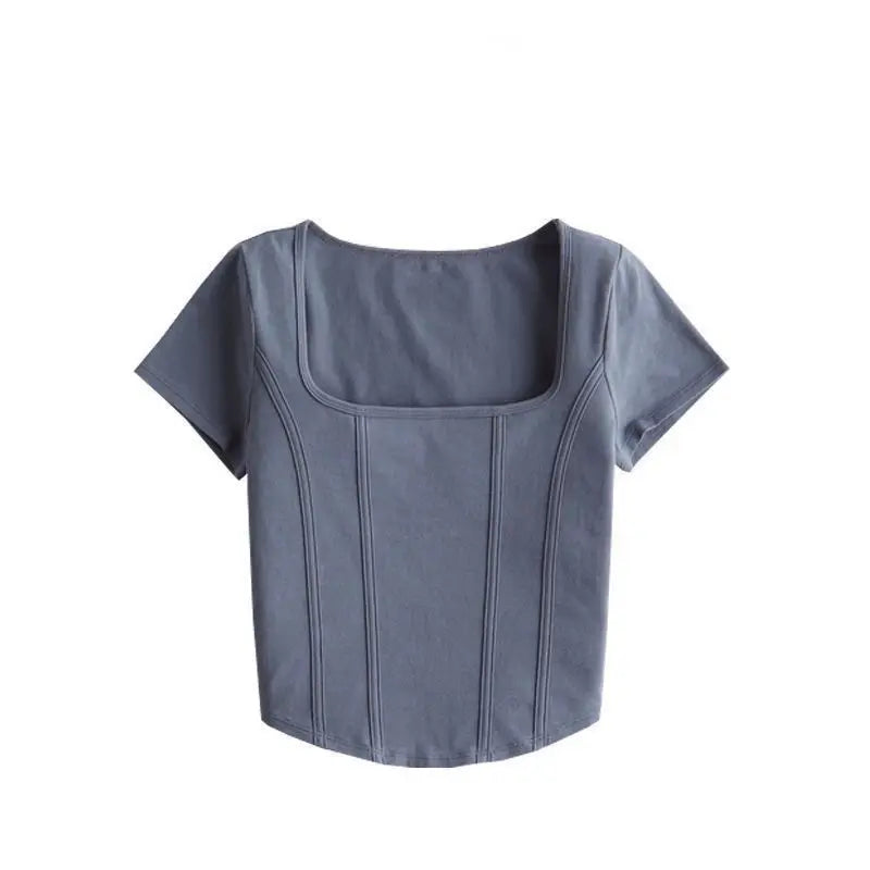 T Shirt Crop Top Women Summer 2026 Flowers Print Cotton Square Collar Pullovers Woman Short Sleeve Tees Slim Fit Sexy Top Female