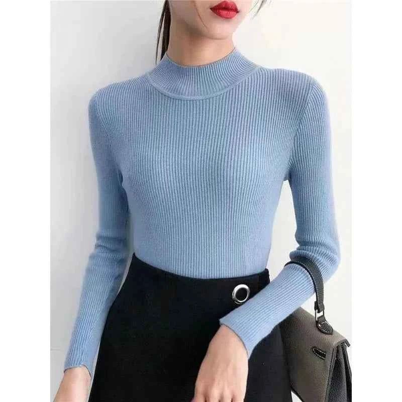 Autumn Winter Mock Neck Women Sweater Vintage Basic Solid Knitted Tops Casual Slim Pullover Korean Sweaters Simple Chic Jumpers