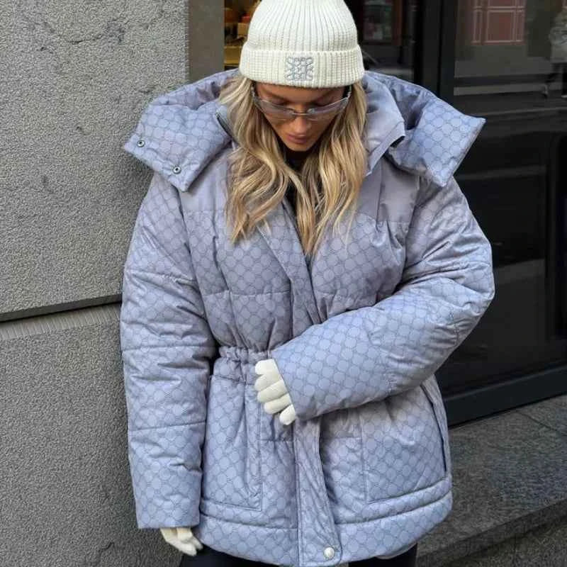 Printed Female Winter Cotton Quilted Jacket Hooded Thicken Zipper Single Breasted Long Sleeve 2025 New Casual Coat Loose Outwear