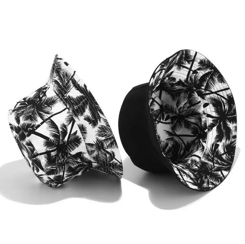 Unisex Reversible Double Sided Black Coconut Tree Printed Fisherman Caps Bucket Hats Men Women Outdoor Travel Visor Hiking Hat