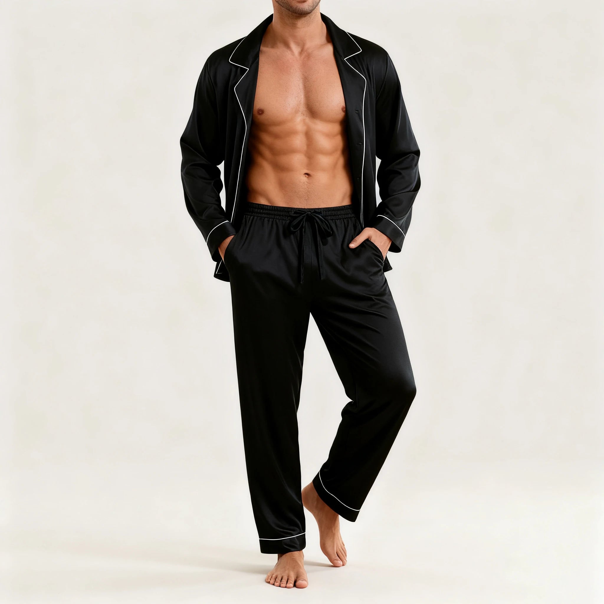 Men's Luxury Pajama Set with Contrast Trim Long Sleeve and Pockets Pants Comfortable Loose-Fit Pajamas for Men Sleepwear Sets