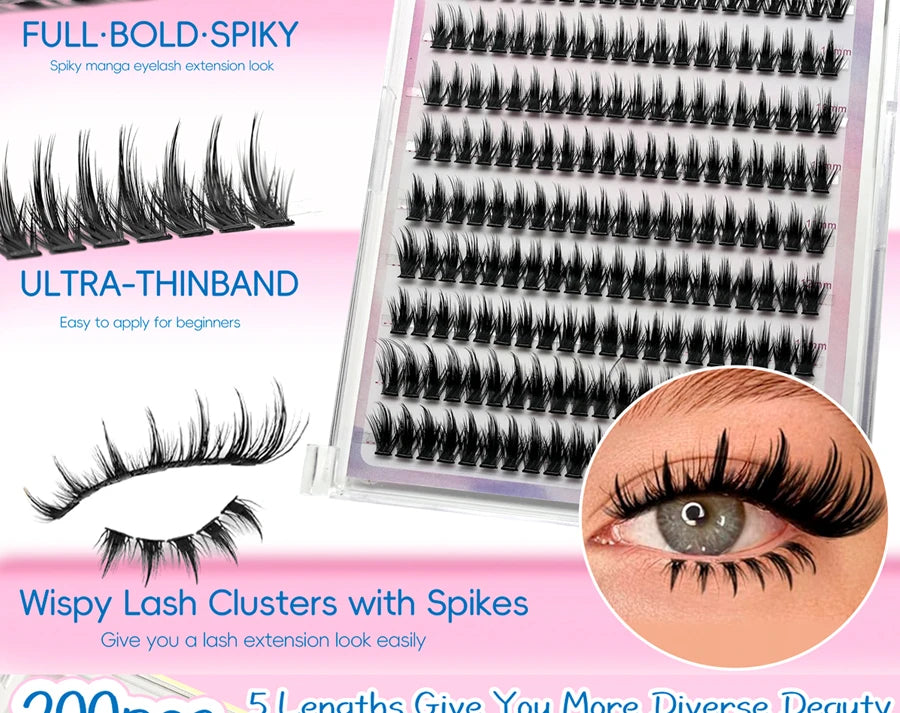 10 rows of 200 clusters of self-adhesive false eyelashes, makeup eyelashes, extending soft eyelashes, 9-13mm（MIX)
