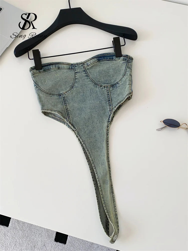 SINGREINY Hot Girl American Retro Sexy Top Female 2026 Minimalist Sleeveless Edgy Beach Bodysuit Strapless 1950s Denim Tank Top