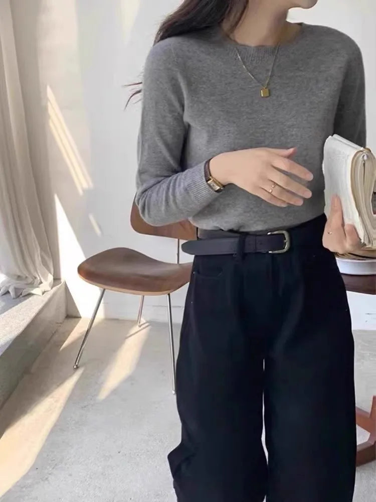 100% pure cashmere sweater women's round neck pullover long sleeve sweater loose short soft waxy knit bottom sweater