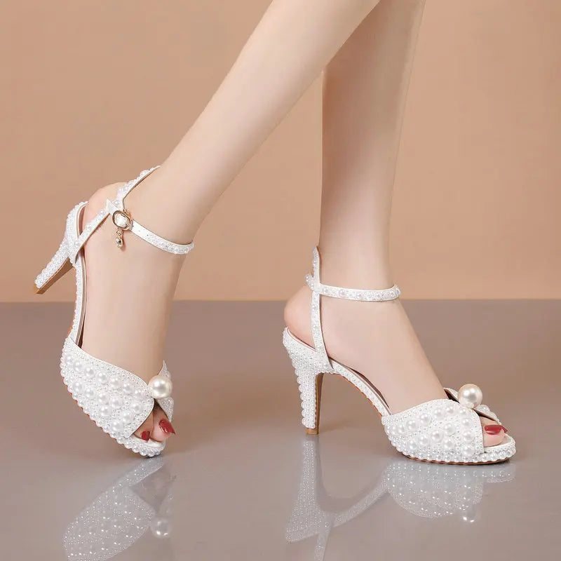 2025 Autumn New Fish Mouth High Heels Waterproof Platform Shallow Mouth 8.5cm Pearl Women'S Single Shoes Bride Wedding Shoes