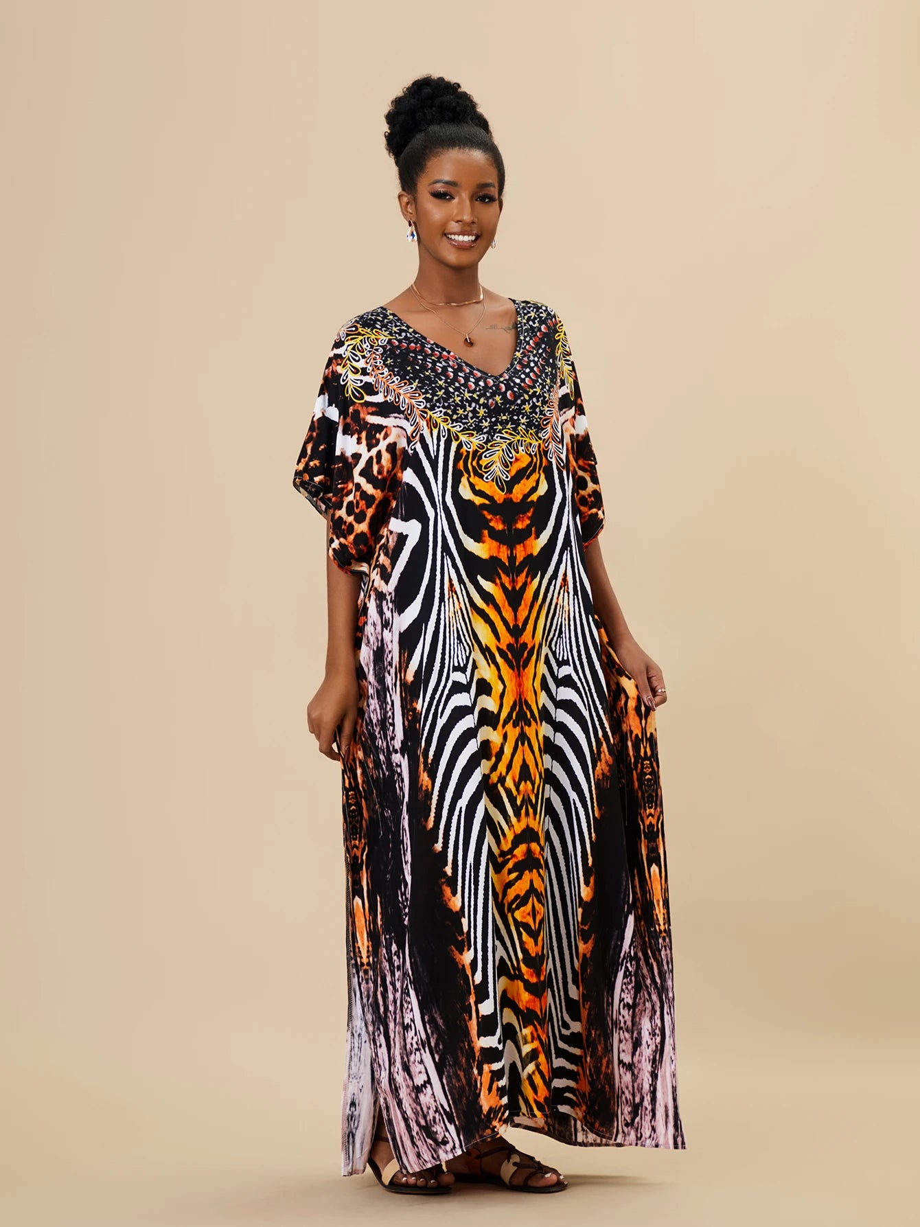EDOLYNSA 2023 Bohemian Printed Loose Kaftan Casual Summer Vacation Maxi Dress Women Clothing Beach Wear Swim Suit Cover Up Q1469