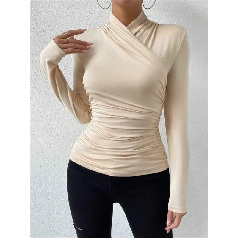 Women's Clothing Autumn Winter Tshirts New Design Cross Neckline Versatile Pleated T-shirt Comfortable Fashion Slim Fit Sexy Top