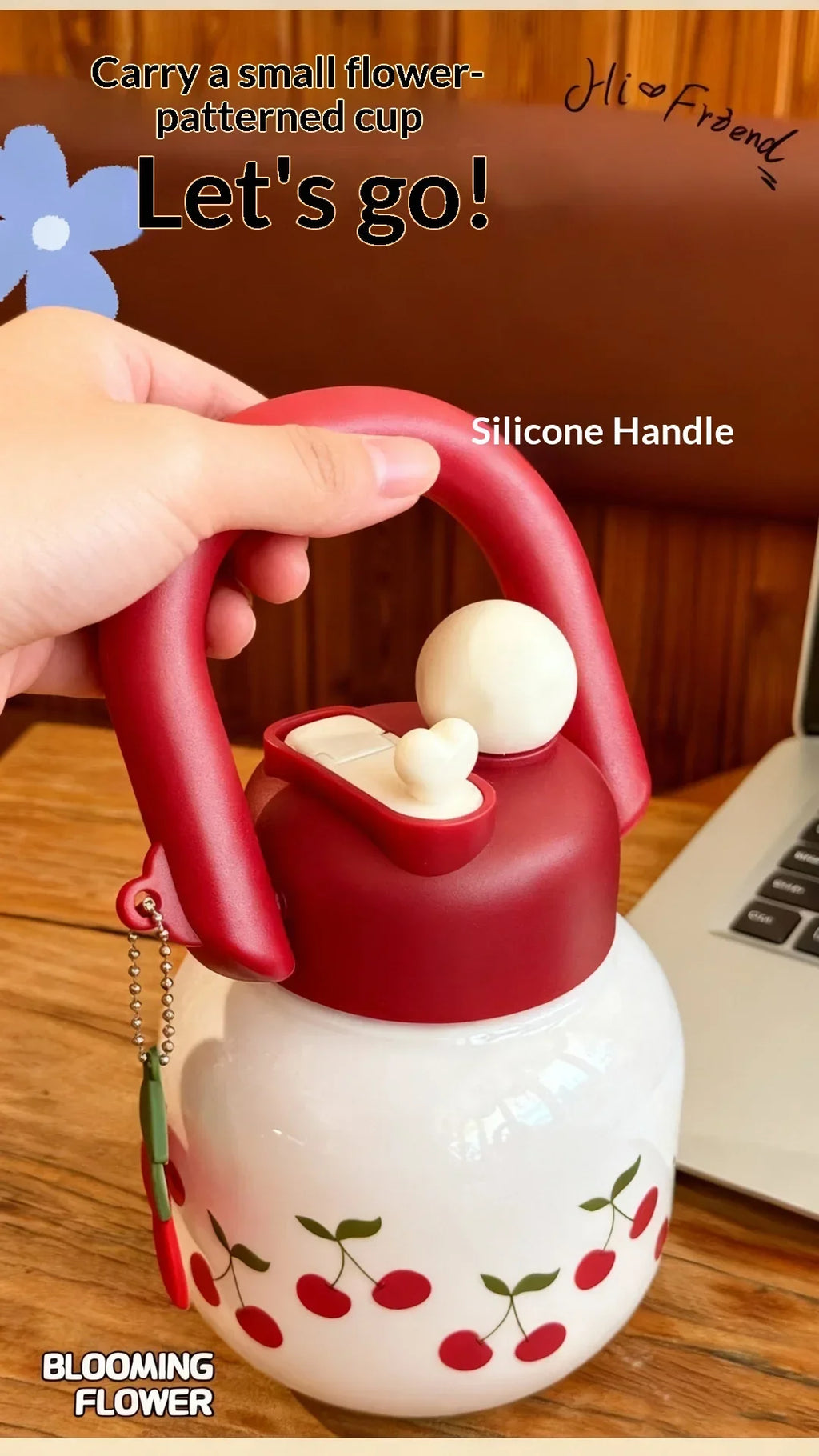 Cute Water Bottle with Decoration, Dual Straws Design, Anti-Lipstick Stain, Detachable Travel Strap Durable Plastic Material