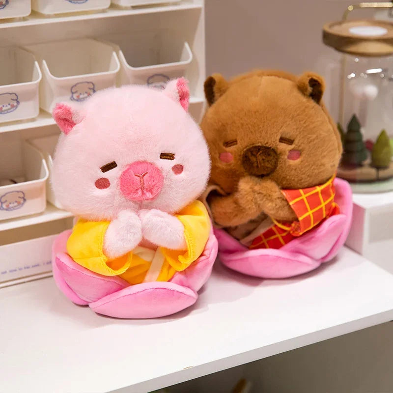 Adorable Plush Pig Bear Capybara Stuffed Animals Set Popcorn Lotus Containers Soft Home Nursery Decor Gift Kids Baby