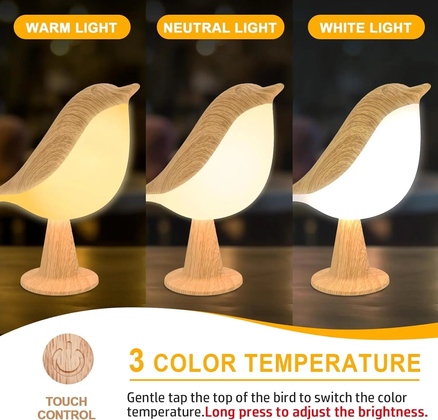 1pc LED Touch-Control Bird Lamp - Art Deco, 3-Levels Dimmable, USB-Cordless with Rechargeable Battery, Versatile for All Rooms