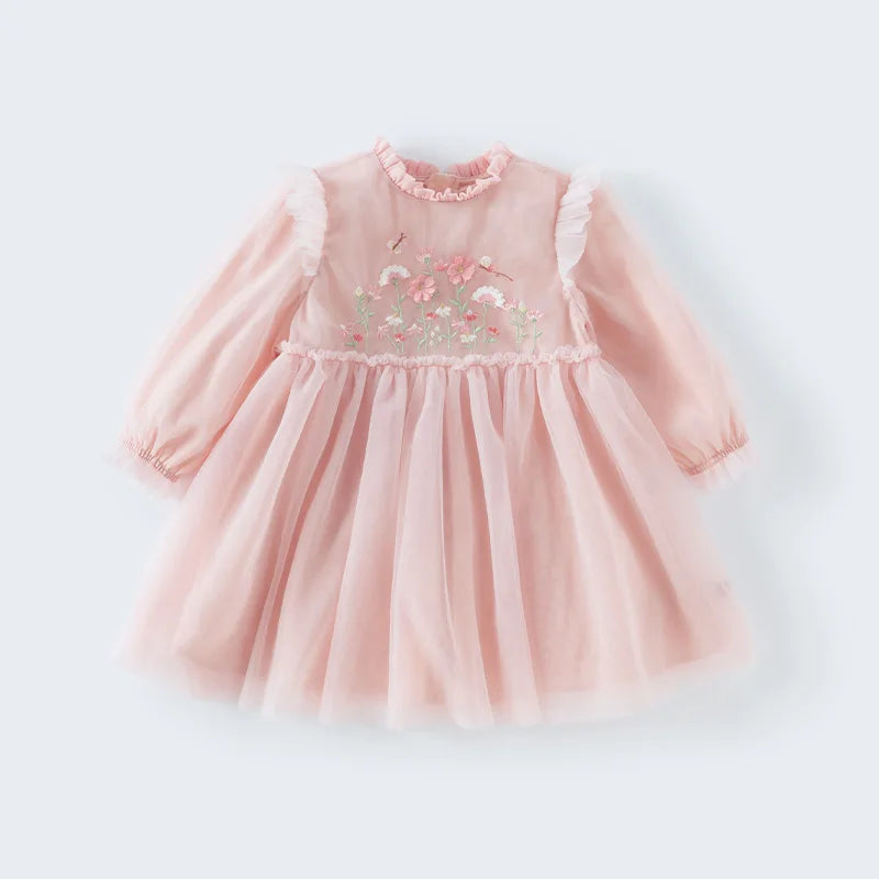 Dave Bella Princess Dress for Girls Baby Children 2025 Spring Long Sleeved Charm Mesh Embroidery Floral Gentle Cute DB1250434