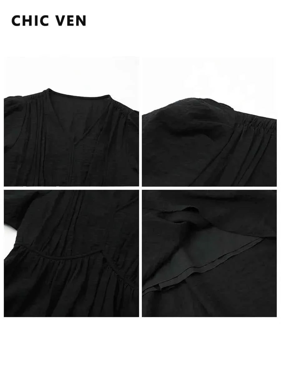 CHIC VEN Women Dresses French Style Vintage V-neck Puff Sleeve Long Dress Solid Black Loose Female Clothing Summer New 2023