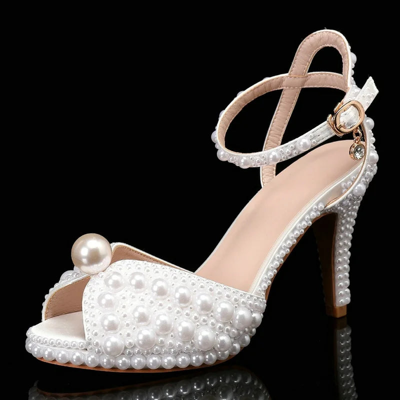 2025 Autumn New Fish Mouth High Heels Waterproof Platform Shallow Mouth 8.5cm Pearl Women'S Single Shoes Bride Wedding Shoes
