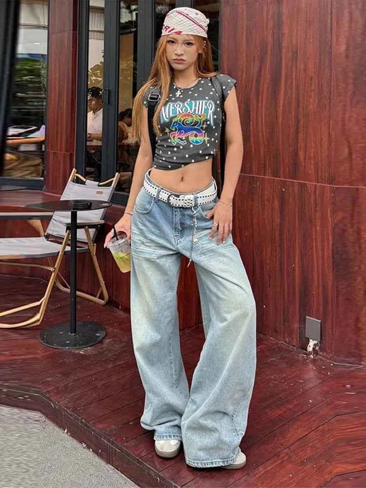 Women's Jeans Vintage Printed High Waist Zipper Pockets Straight Leg Trousers Female 2026 Spring Fashion Woman Clothes Outwears