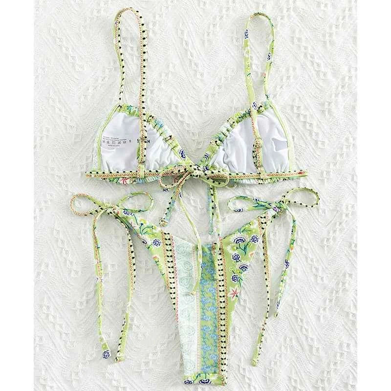 BIQIUYYI New Floral Print String Bandage Bikinis Triangle Cup Push Up Swimsuit Women Bathing Suit Beachwear Halter Swimwear XS