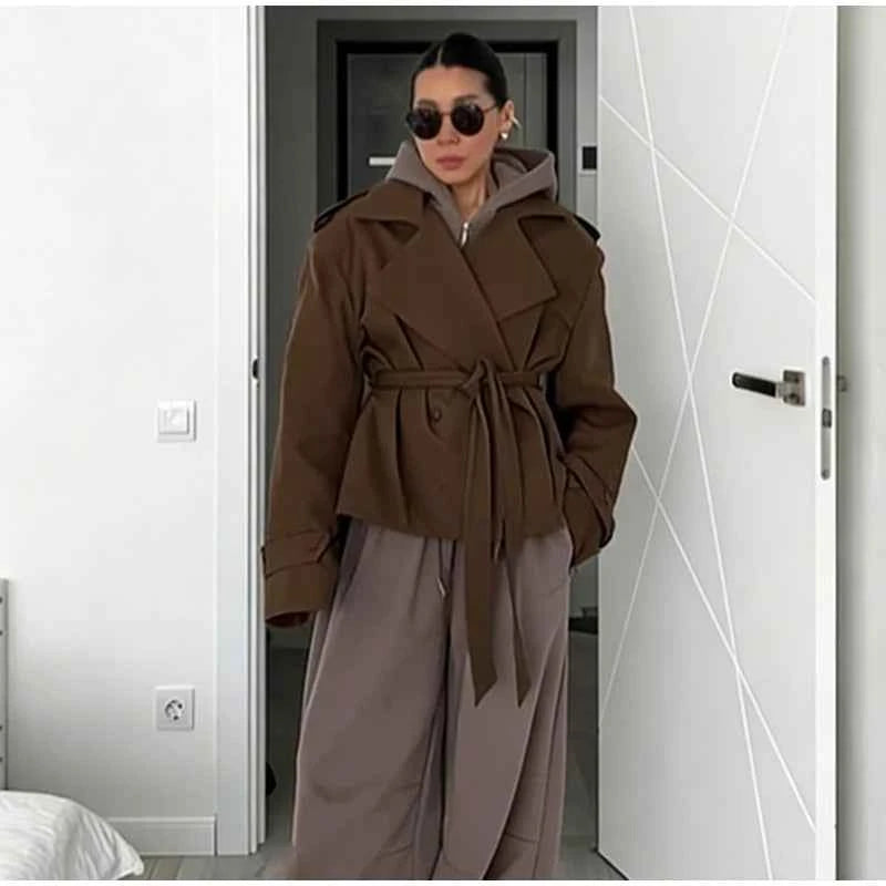 Cropped Lace-up Blue Casual Trench Coat Women Lapel Long Sleeve Wide Shoulder Windbreaker Jacket Fall Commute Daily Streetwear
