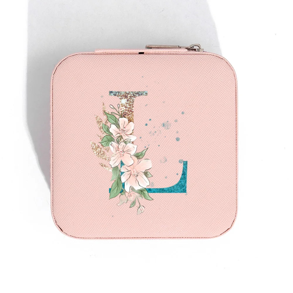 A-Z Alphabet Print Pink Travel Jewelry Organizer with Zipper Closure and Fabric Lining