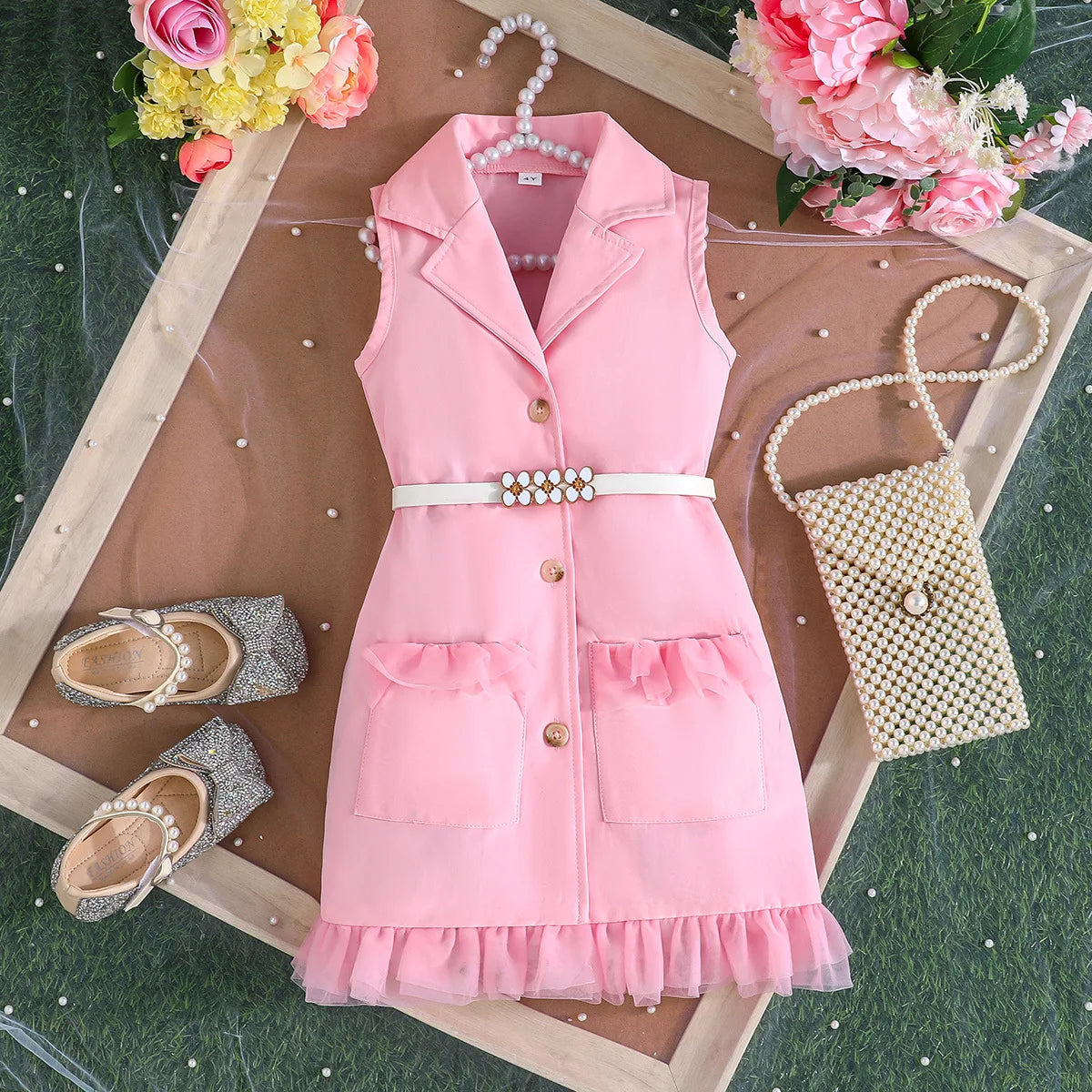 Ceeniu 3-8Y Kid's Jacket Dresses For Girls Lapel Patchwork Frill Blazer Dress For Girls Fashionable Children Clothes Girls