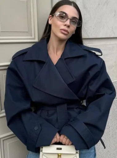 Cropped Lace-up Blue Casual Trench Coat Women Lapel Long Sleeve Wide Shoulder Windbreaker Jacket Fall Commute Daily Streetwear