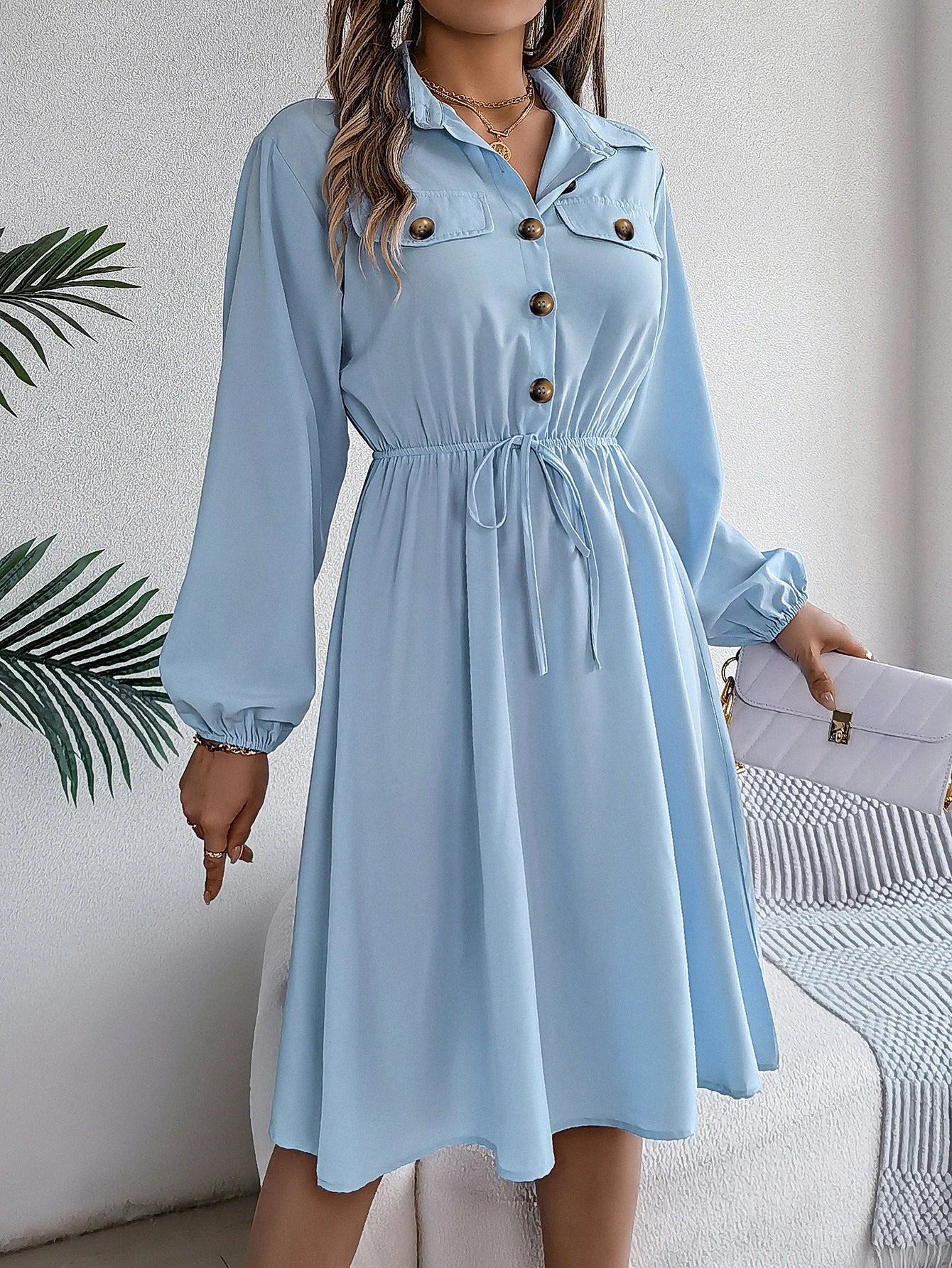 Autumn Winter Dresses for Women Casual Solid Color Button Tie Up Long sleeved Shirt Dress Blue  Green Black Red Woman Clothing