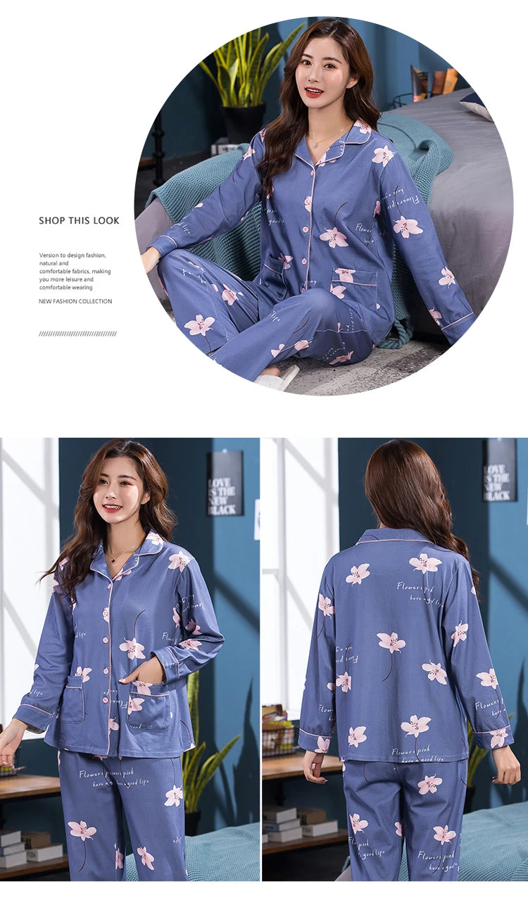 100% Pure Cotton Long Sleeve Sleepwear Set for Elderly Women Spring Summer Autumn Home Clothes Outwear Comfortable Home Suit