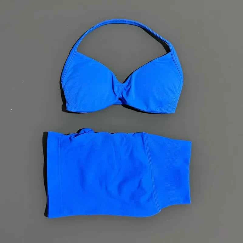 HISTELLO Gym Set 2 Piece Women Strappy Yoga Bra Top Workout Scrunch Shorts Sports Suit Fitness Clothes Seamless Yoga Set