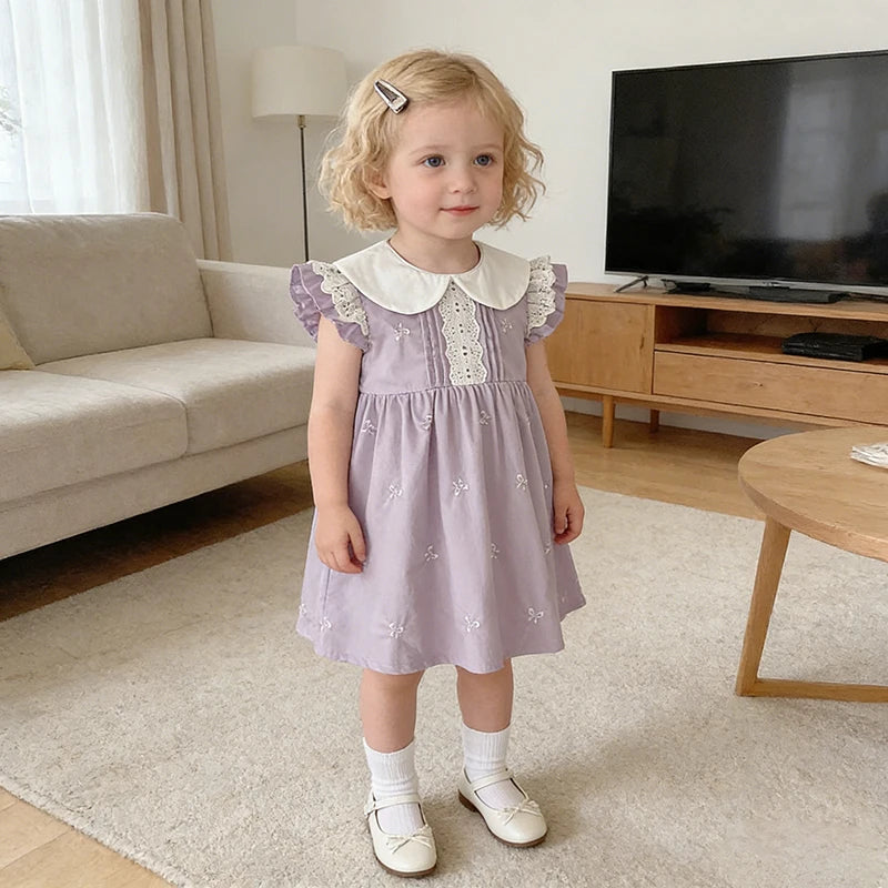 2026 New Summer Sister Clothing 2-6Yrs Kids Princess Flutter Sleeved Dresses Cotton Embroidery Baby Birthday Party Dress
