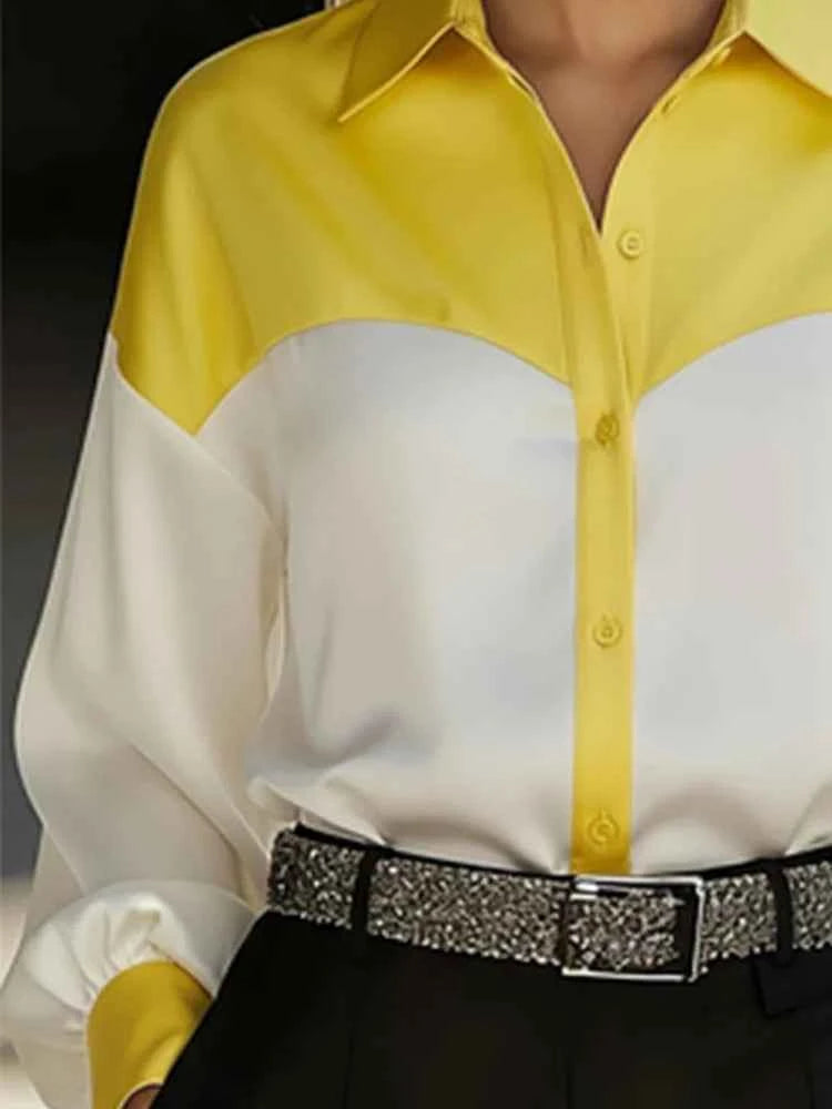 Women Shirt Blouse Long Sleeve Turn Down Collar Button Color Block Patchwork Casual Female Office Tops Trendy Work Shirt