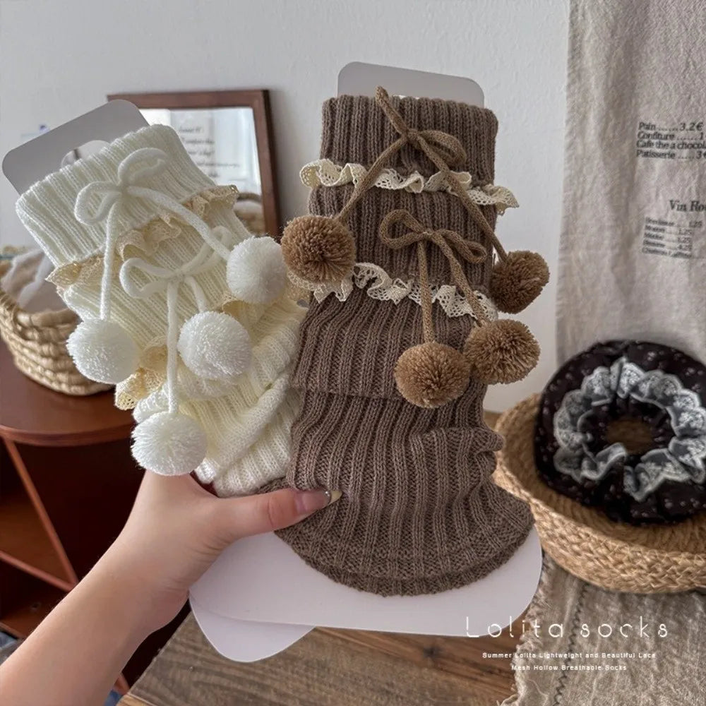 New Solid Color Leg Warmers Thickened Lolita Mid-Calf Sock Knitted Bow Pompom Hosiery Autumn and Winter