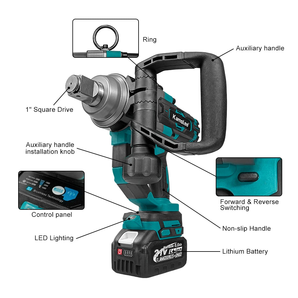 Kamolee 5000 N.M Torque 1 Inch Brushless Electric Impact Wrench Lithium-Ion Battery For 18V 21V Battery