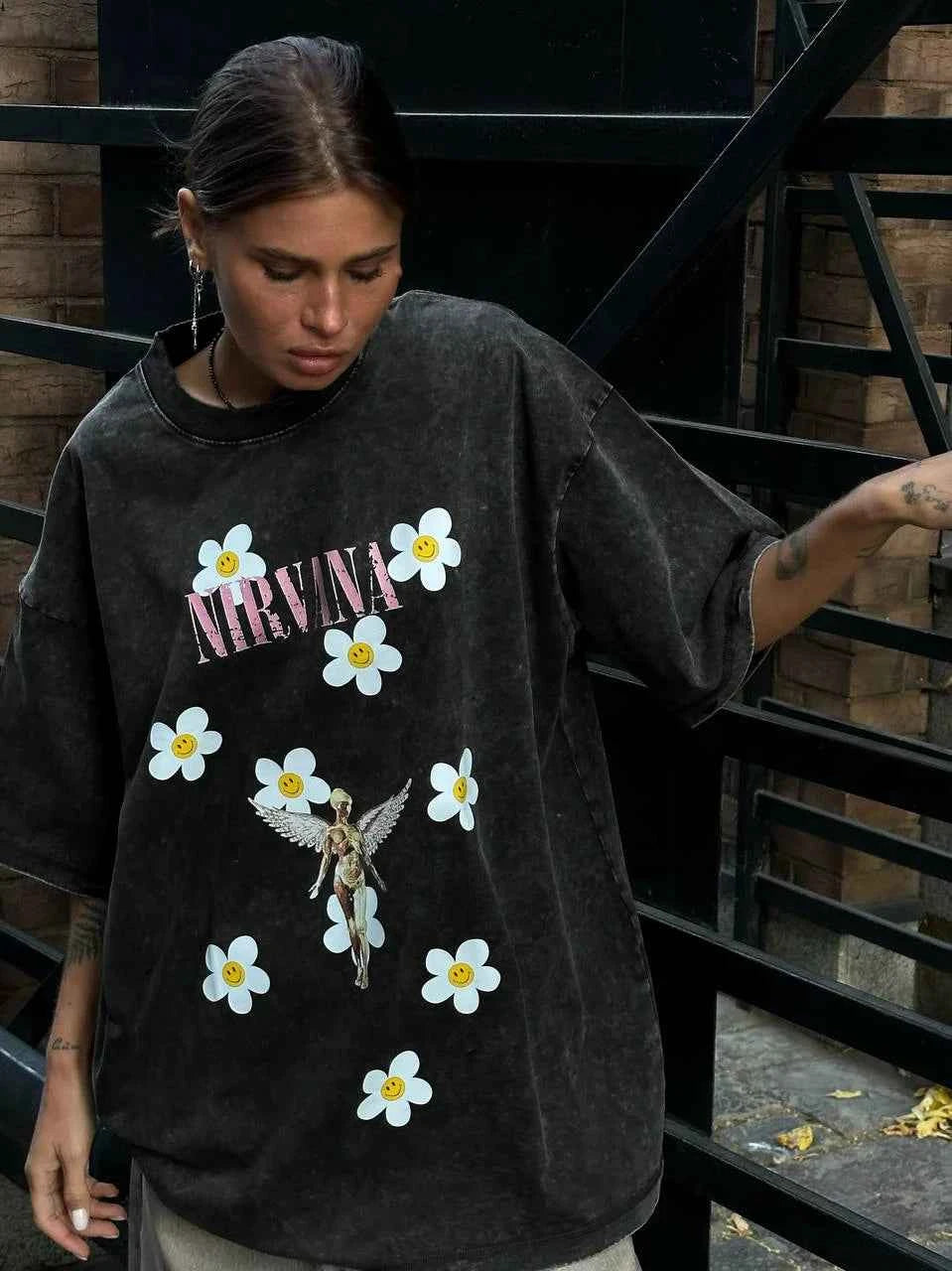 Sumuyoo Women's Retro Printed T-shirt Cotton Men Vintage Short-sleeve Wax Printing T Shirts Fashion Hip Hop Loose Fflower Tees
