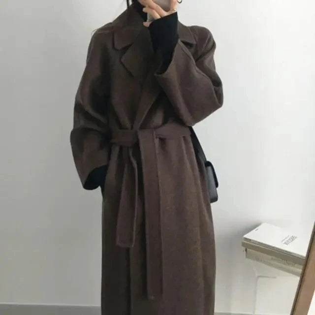 Chic Thick Warm Lapel Lace-up Pockets Loose Woolen Coat 2025 Autumn Winter New Korean Female Long Oversize Casual Women Clothes