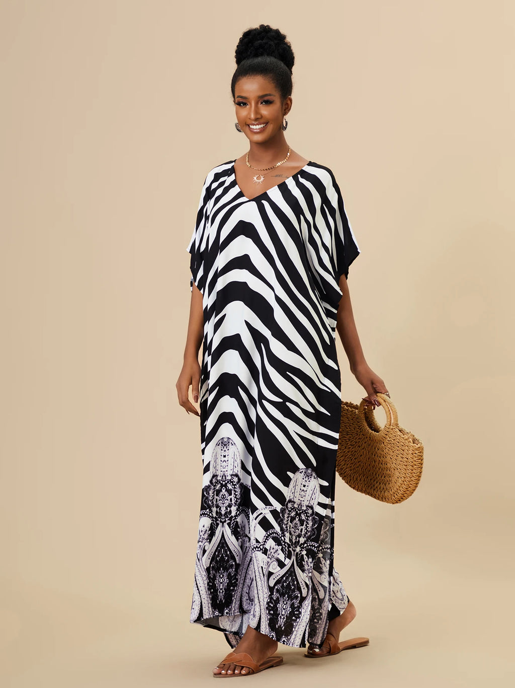 EDOLYNSA 2023 Bohemian Printed Loose Kaftan Casual Summer Vacation Maxi Dress Women Clothing Beach Wear Swim Suit Cover Up Q1469