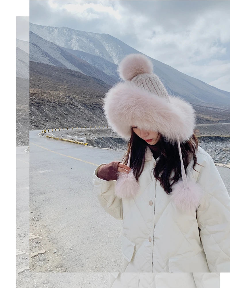Winter Women Real Fox Fur Hat Fashion Casual Outdoor Warm Knitted Hats Girl Lovely 100% Natural Fox Fur Ear cap bomber caps