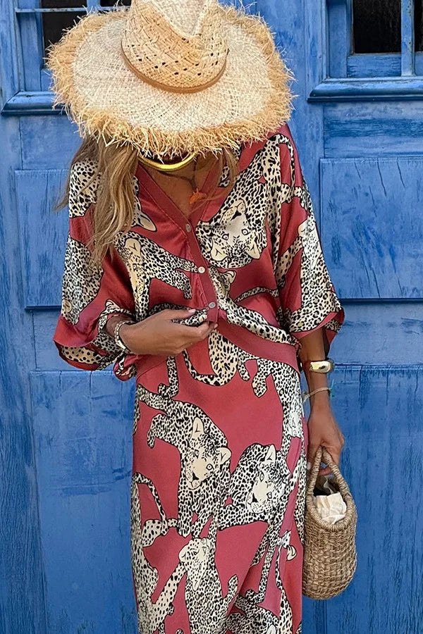 2024 Autumn New Women's Elegant Printed Leopard Pattern Fashion Two Piece Set V-neck Single Breasted Sexy Shirt Long Skirt Set