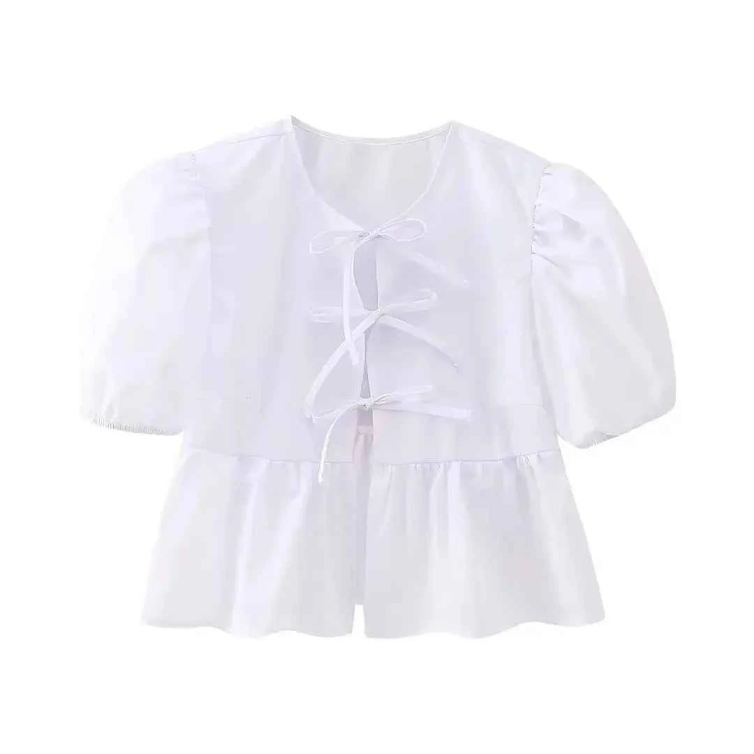 HH Fashion Solid Hollow Out Shirt Women Causal O Neck Short Sleeved Lace Up Tops Chic Female Casual Blouse Streetwear 2024