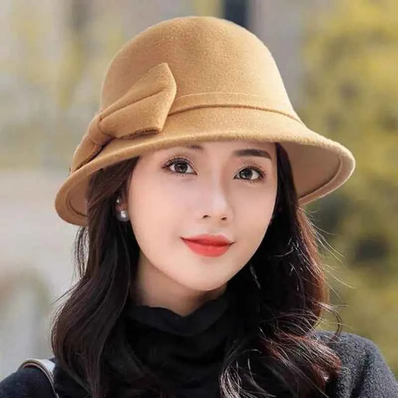 Women Elegant Wool Felt Fedoras Hat Autumn Winter Warm Solid Color Bow Bucket Dome Cap Ladies Fashion Retro Church Top Hats