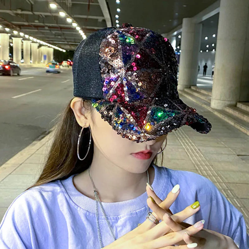 Shiny Sequins Baseball Hat For Women Summer Mesh Duck Tongue Cap Cool Breathable Outdoor Sunshade Visors Fashion Girl Peaked Cap