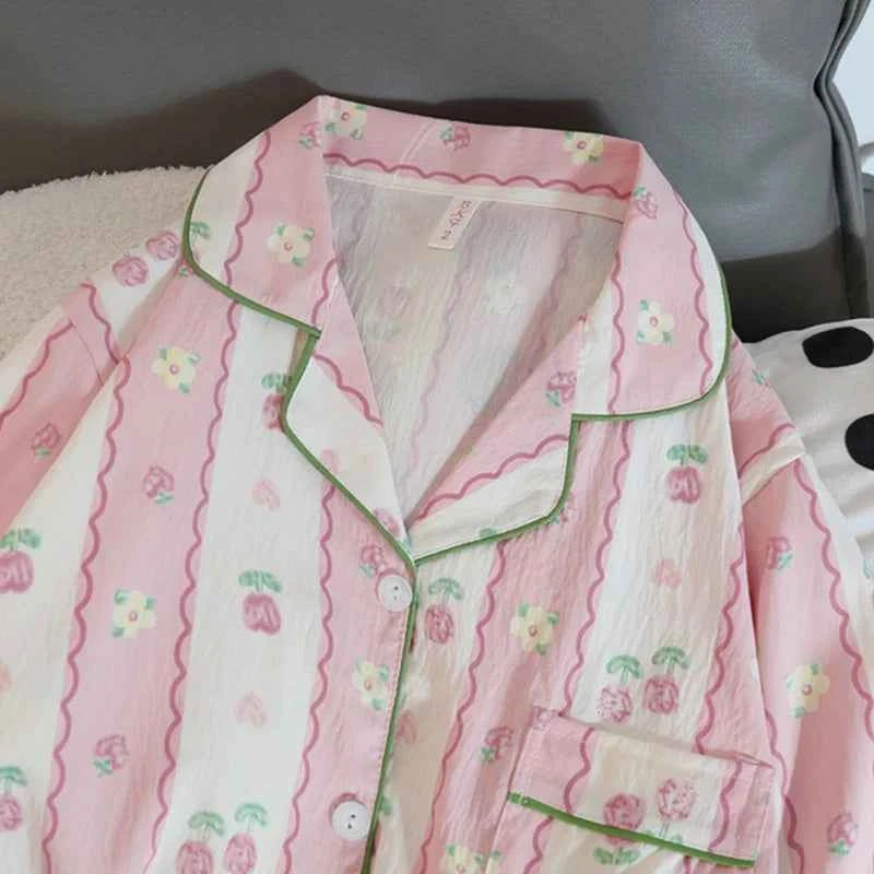Print Flower Soft Thin Women's Pajama Set Autumn New Casual 2 Pieces Pajama Set Full Length Sleepwear for Sleeping Home Suits