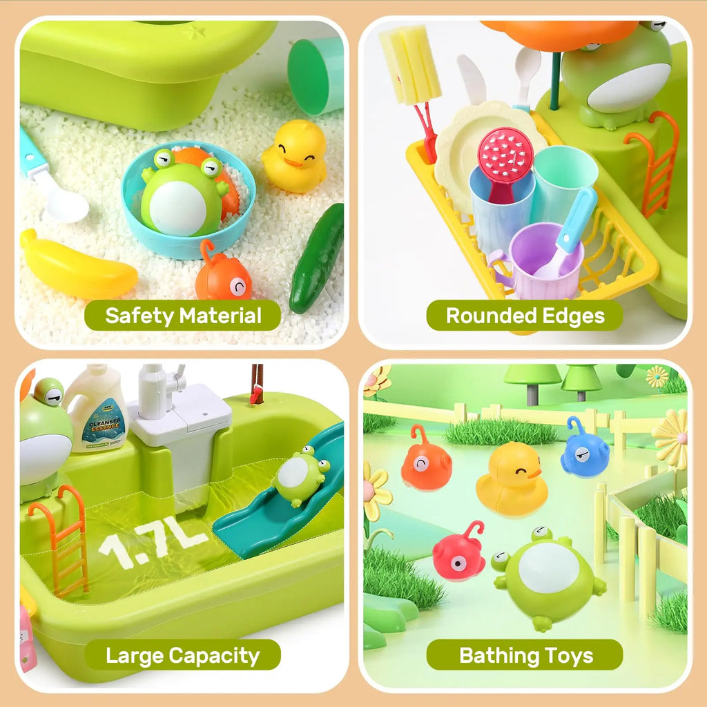 Kids Electric Kitchen Sink Toys with Running Water, Pretend Play Dishwasher & Fishing Toys, Educational Role Play Gift for Girls