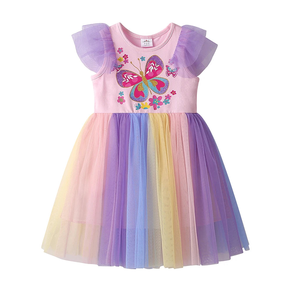 DXTON Ruffles Sleeveless Princess Dresses Mesh Elegant Kids Dress For Girls Butterfly Floral Summer Children Holiday Clothing