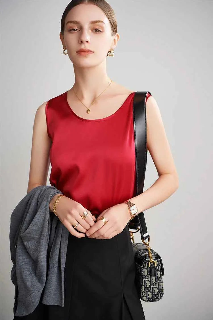 SuyaDream. Women Basic Cozy Tanks, 100%Real Silk, O neck Sleeveless Chic T Shirt, 2025 Solid Summer Vests, White, Pink, Beige